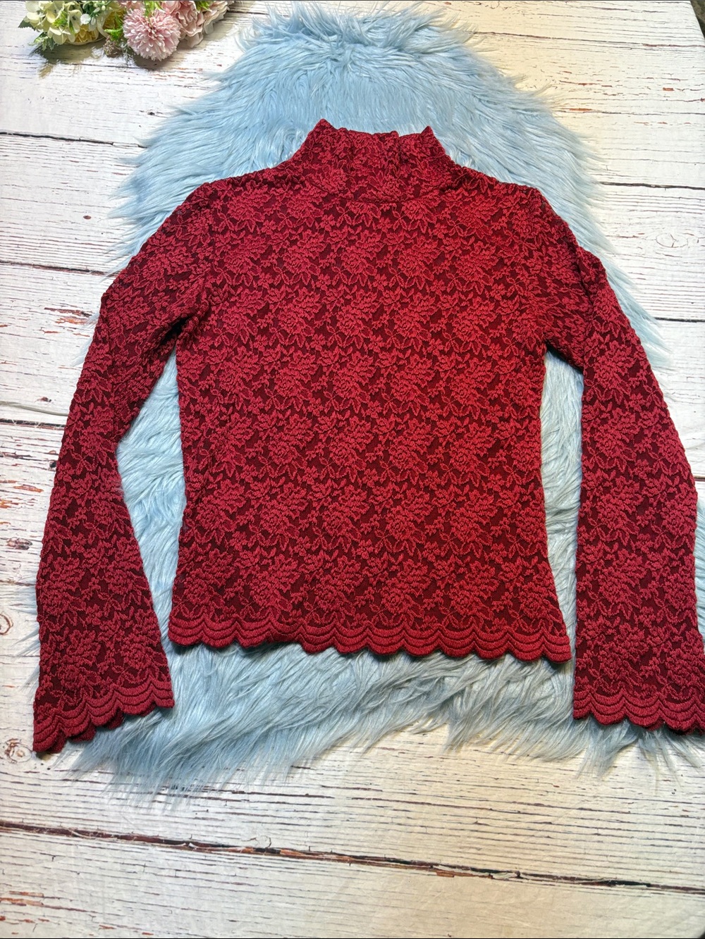 Vintage Forenza Red Lace Mock Neck Long Sleeve Top sz S
